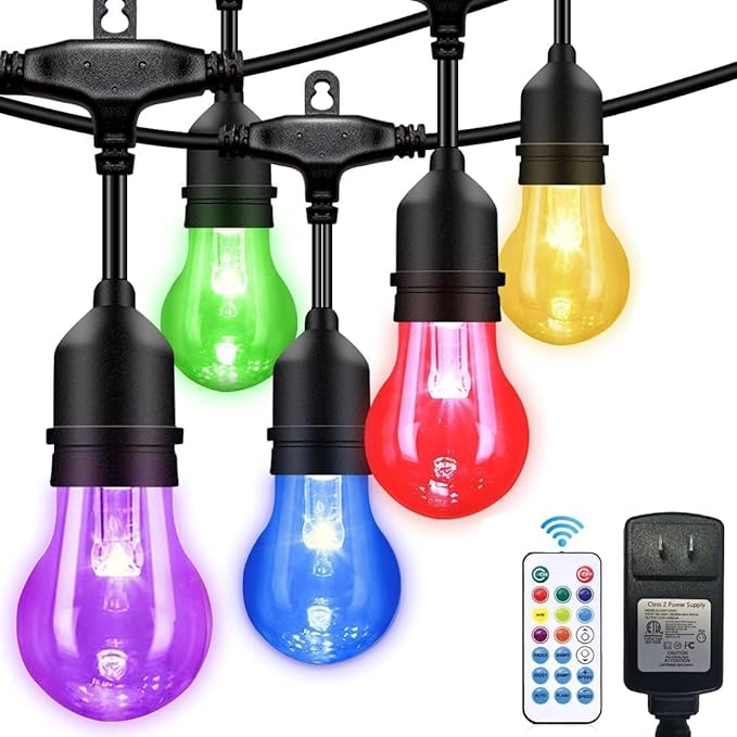 105FT Solar Outdoor String Lights 32 Shatterproof E26 Edison LED Bulbs Dimmable RGB Color Changing Patio Lights Waterproof with Remote. for Backyard Garden Party Bistro Cafe