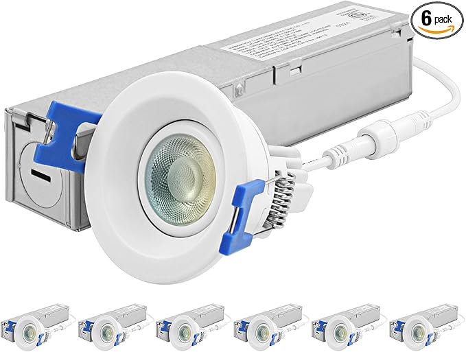 LUXRITE 1 Inch Gimbal Adjustable LED Recessed Light with J-Box 12W 5 Color Selectable 2700K-5000K 1000 Lumens Dimmable Directional LED Downlight Wet Rated ETL Listed (6 Pack)