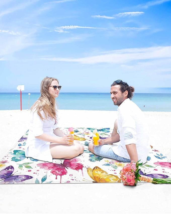 Beach Blanket Waterproof Sandproof OversizedWatercolor Country Butterflies Beach Mat with Corner Stakes Sand PocketsSpring Flowers Art Outdoor Picnic Mat for Travel Camping Hiking108x84In