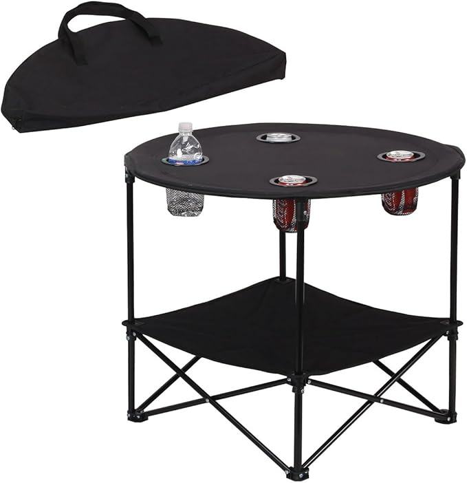 Preferred Nation | 2 Tier Folding Camping Table with 4 Mesh Cup Holders Black | Polyester with Metal Frame | Compact Convenient Carry Case Included | Side Table for Tailgate