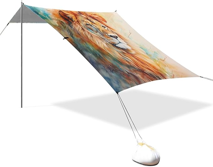 ALAZA Watercolor Lion Beach Tent Sun Shelter UPF50+ Protection Beach Shade Canopy w/ 4 Sandbags for Outdoor Camping Fishing Backyard Fun Picnic 10x9 ft