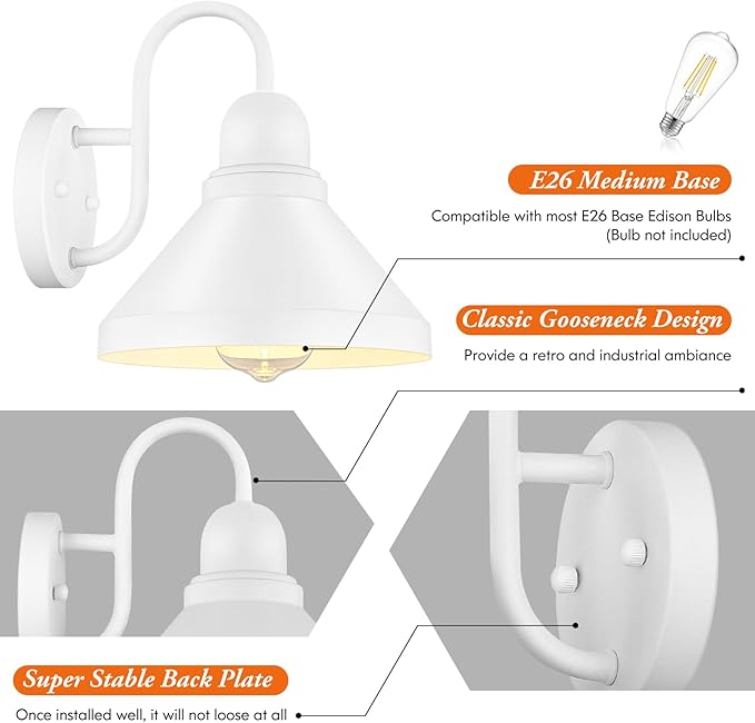 Brightever Gooseneck Outdoor Wall Lanterns Pack of 2 Exterior Light Fixtures Anti-Rust Outside Barn Wall Mount Sconces Waterproof White Patio Wall Lamps for House Front Door Bulb Excluded