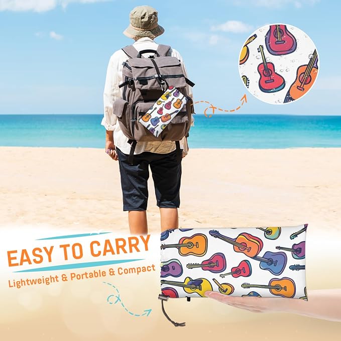 Waterproof Sandproof Beach Blanket 59''×68'' Colored Guitar Polyester Outdoor Picnic Blanket with 4 Stakes &amp Storage Bag for BeachCampingVacation White