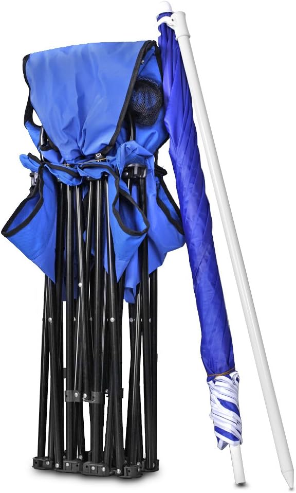 Flexzion Double Folding Beach Chair with Umbrella Table Cooler and Bag Portable Compact Folding Chair 2 Person Camping Chair with Canopy for Adults and Kids Outdoor Fold Up Chair Blue