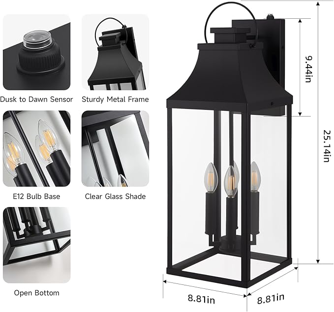 tewei 25'' Dusk to Dawn Outdoor Wall Light Large Black Outdoor Porch Light Waterproof Patio Lanterns Exterior Wall Mount Lighting Fixtures 4-Light Outside Garage Sconces for House Front 1-Pack
