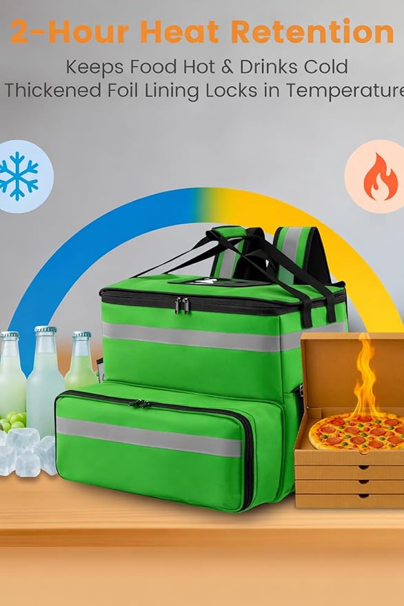 Bodaon Food Delivery Backpack with 2 Base Plates Dual-Layer Insulated Compartments Waterproof Lining Reflective Strip - Pizza Delivery Bag for Bike Couriers Grocery Takeout Food Transport