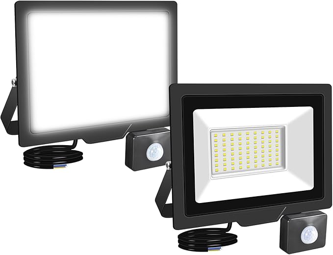 50W Motion Sensor Flood Light Outdoor 5000 LM Outdoor LED Spotlight IP66 Waterproof 6000K Daylight Security Lights for Garden Garage Yard Sports Ground （2 Pack） 110V