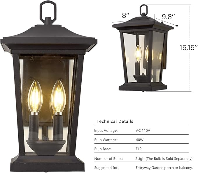 Outdoor Wall Lantern Large Exterior Waterproof Wall Sconce Light Fixture Black Anti-Rust Outside Porch Sconce Lights with Clear Glass