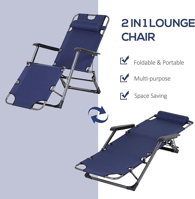Tanning Chair 2-in-1 Beach Lounge Chair &amp Camping Chair w/Pillow &amp Pocket Adjustable Chaise for Sunbathing Outside Patio Poolside Navy