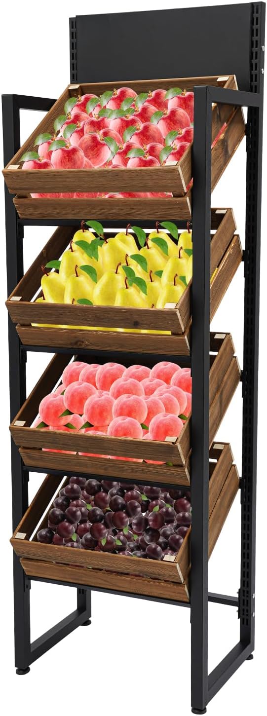 Wood Fruit Basket Stand Vegetable Storage Rack 4-Tier Narrow Snack Rack Stand Farmers Market Stand Retail Store Display Shelves for Kitchen Store Supermarket (Rustic Brown+Black)