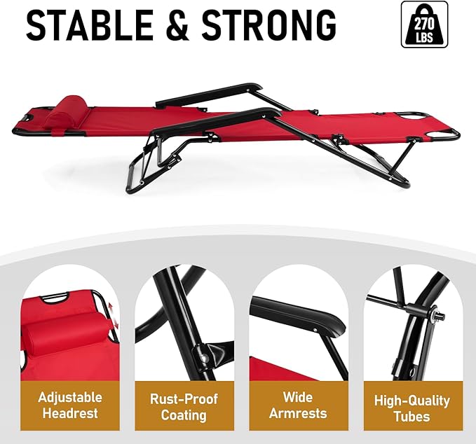 Reclining Camping Chair Portable Dual Purposes Extendable Folding Reclining Chair4 Adjustable Positions Patio Beach Chair for AdultsLawn Lounge Chairswith Headrestfor Garden Pool Sports (Red)