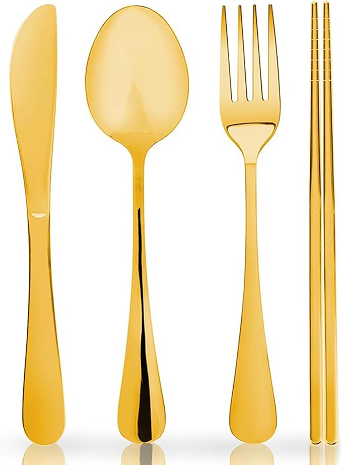 32 Pieces for 8 Persons Chopsticks and Forks Set Silverware Set Kitchen Utensils Set Cutlery Set Flatware Set Dishwasher Safe Mirror Effect for Picnic Camping Barbecue Gold