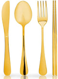 24 Pieces for 6 Persons Chopsticks and Forks Set Silverware Set Kitchen Utensils Set Cutlery Set Flatware Set Dishwasher Safe Mirror Effect for Picnic Camping Barbecue Gold