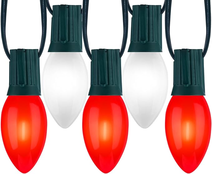 C9 LED Christmas Lights Outdoor 50 Feet String with 50 Shatterproof Matte Bulbs Connectable Waterproof Tree Lights for Holiday Roofline Backyard Garden Decor Red &amp Pure White
