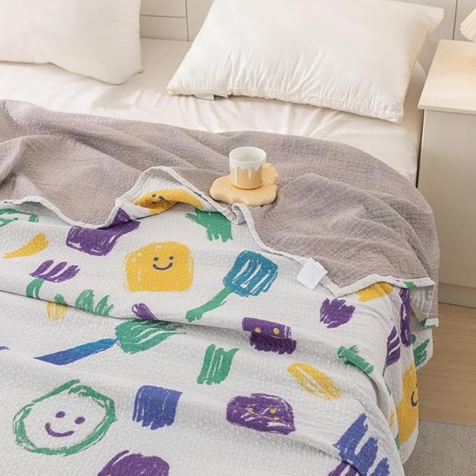 Bnitoam 100% Cotton Bed Blanket Twin Size 60x80 3 Layer Muslin Blanket Cooling Breathable Lightweight Summer Gauze Throw for Hot Sleepers Kids Birthday Gift (Print 60x80)