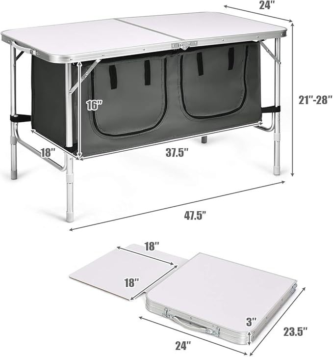 Goplus Folding Camping Table with Storage Aluminum Outdoor Camp Table with 2-Level Adjustable Height Lightweight Portable Foldable Picnic Table for Tailgating Beach BBQ Party RV