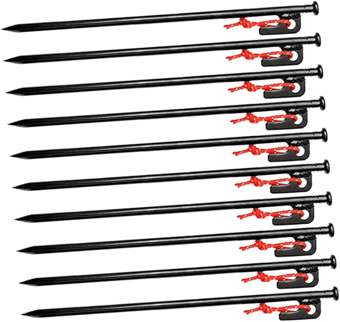 SUPVOX 10Pcs Heavy Duty Metal Tent Stakes Camping Ground Pegs with Storage Bag Durable Tarp Spikes for Secure Tent Fixing Easy Pull Out Design