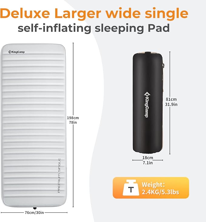 KingCamp PREMIUM SINGLE Self Inflating Sleeping Pad 7.5 R-Value Air &amp Foam Camping Mattress 3 Thick Insulated Sleeping Pad with Pump Sack for Car Camp Tent PVC Free Single Light Grey