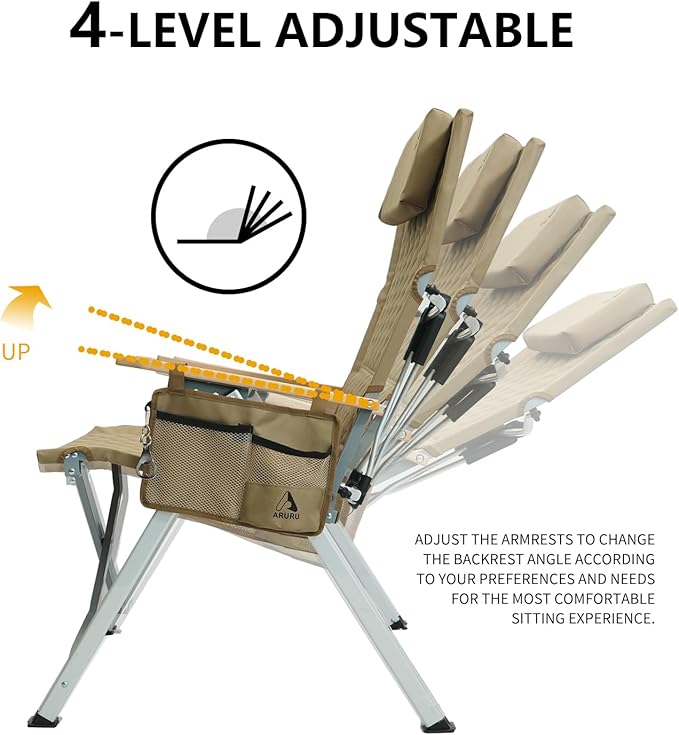 Reclining Camping Chair Heavy Duty Folding Chairs with 4-Stage Adjustable High Back for Adults Compact Foldable Outdoor Patio Reclining Chair with Storage Bag (Khaki 2 Pack)