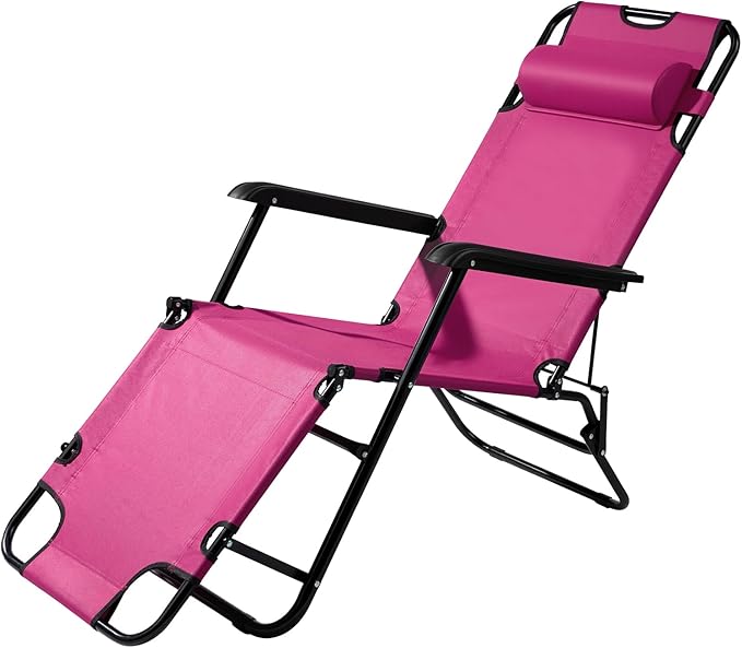 Reclining Camping Chair Portable Dual Purposes Extendable Folding Reclining Chair4 Adjustable Positions Patio Beach Chair for AdultsLawn Lounge Chairswith Headrestfor Garden Pool Sports (Pink)