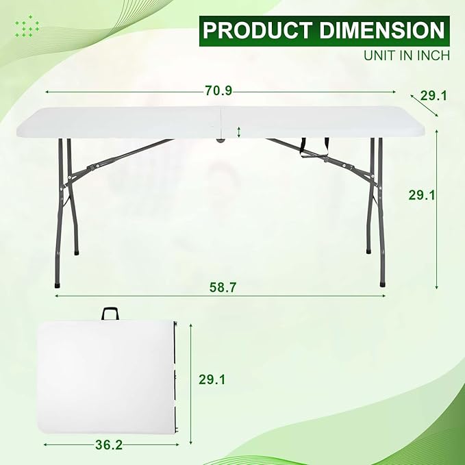 NChanmar 6FT Folding Table Picnic Camping Table Foldable Outdoor Table for Picnic Party Camping(70 * 29)-White