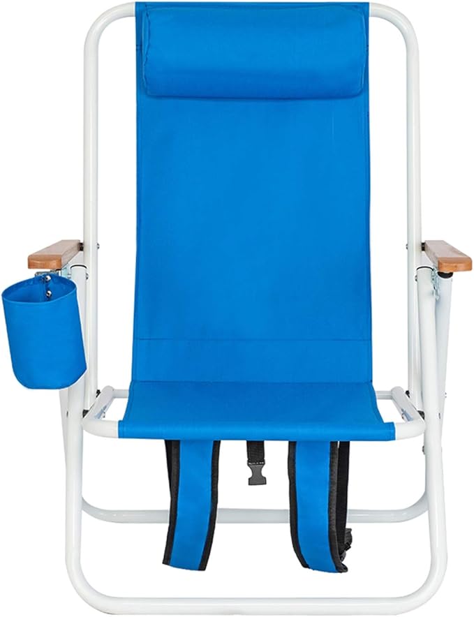 Folding Lounge ChairPortable High Beach ChairPatio Lightweight Camping Chair Outdoor Garden Park Pool Side with Cup Holder Adjustable HeadrestBlue