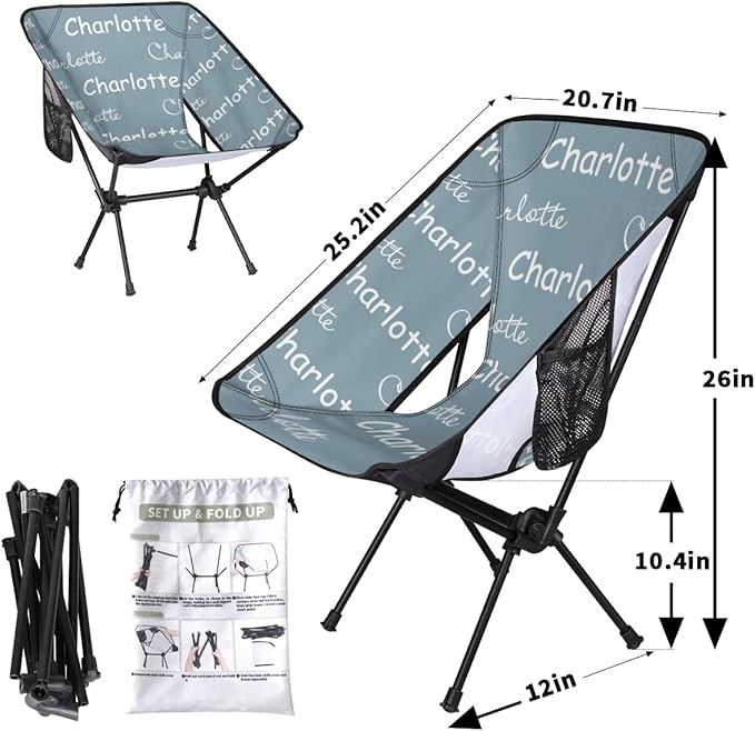 Custom Camping Chair Personalized Portable Backpacking Chair with Name Lightweight Folding Chair for Beach Hiking Grey Blue