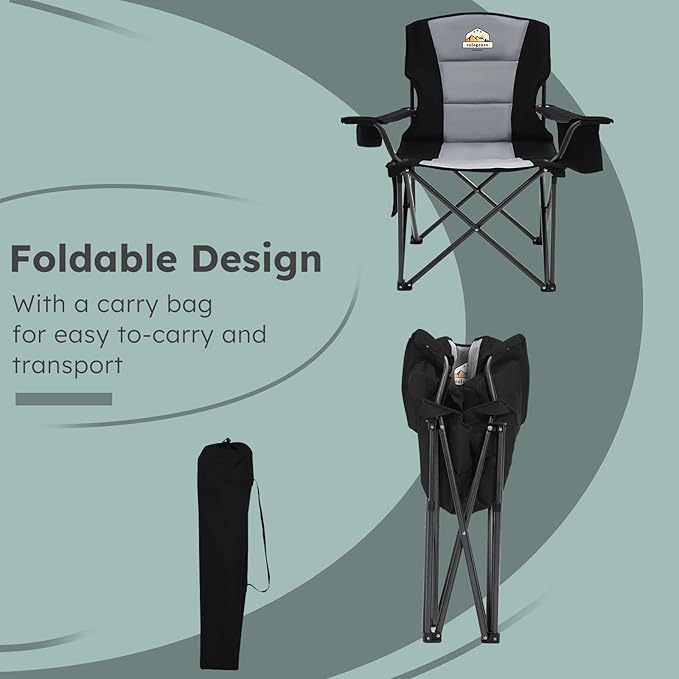 Oversized Folding Camping Chairs - 450 LBS Support Heavy Duty Camp Chair with Padded Cushion Portable Outside Chairs with Carry BagCooler Cup Holder for Outdoor Lawn Sports - Black