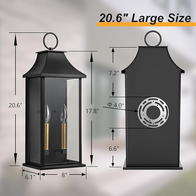 Dusk to Dawn Outdoor Wall Lantern 2-Light 20.6 Large Outside Wall Sconce Modern Black Wall Light Fixture with Glass Waterproof Exterior Lamp for House Porch Garage