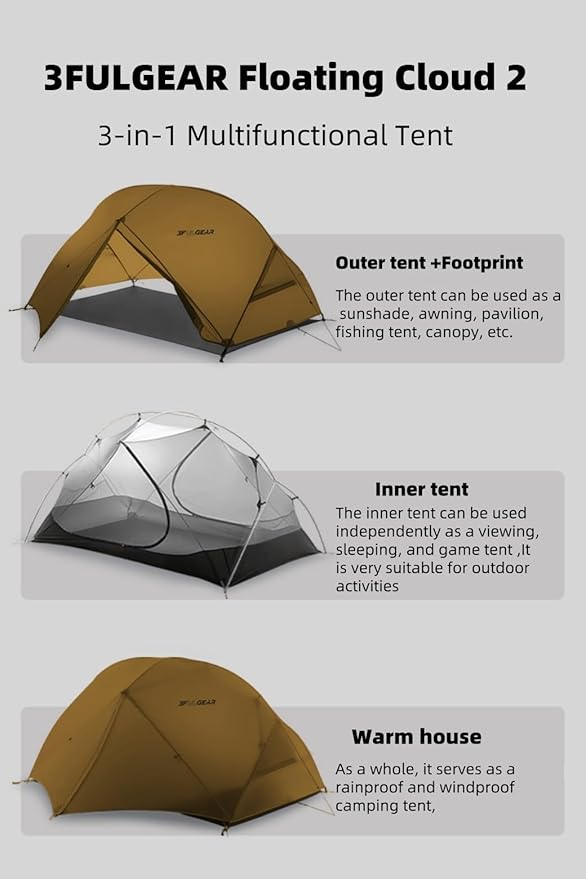 3FULGEAR Backpacking Tent Floating Cloud 2 Easy Setup 2 Person 3/4 Season Ultralight Tents Waterproof Windproof Double Layer Lightweight Outdoor Tent for Camping Hiking Hunting Survival