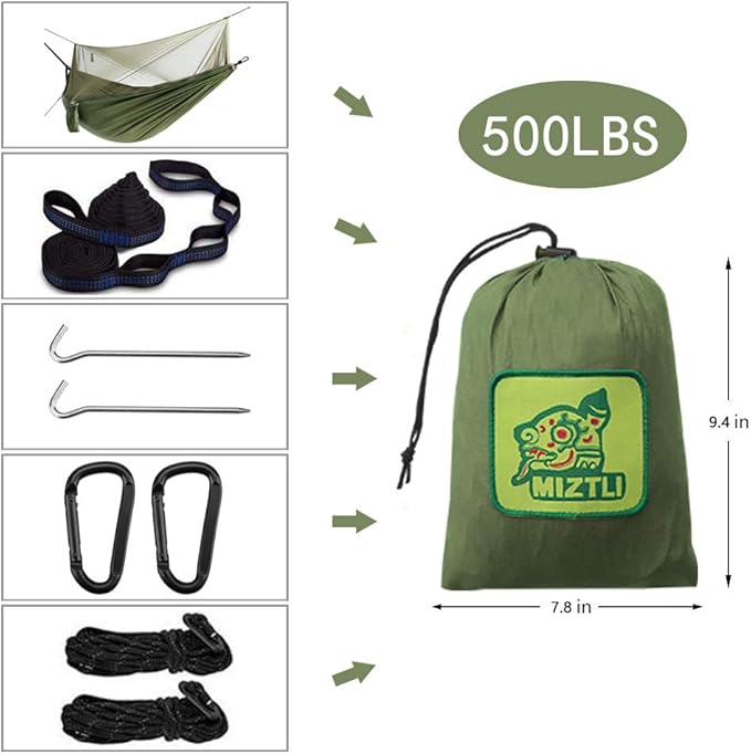 Miztli Camping Hammock with Net and Rain Fly Portable Lightweight Outdoor Hammock Tree Travel Backpacking Hammock Tent with 20Ft(Total) Tree Straps Perfect for Camping Hiking Yard Adventure Survival
