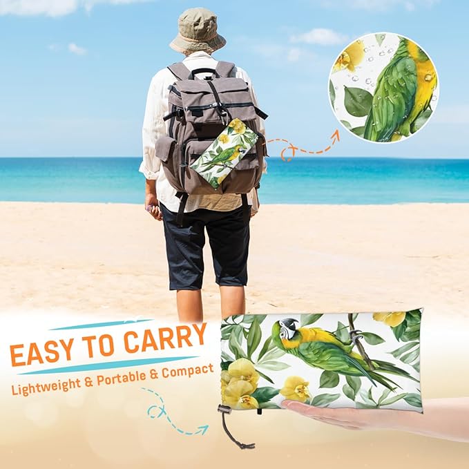 Waterproof Sandproof Beach Blanket 59''×68'' Jungle Bird Polyester Outdoor Picnic Blanket with 4 Stakes &amp Storage Bag for BeachCampingVacation Parrot