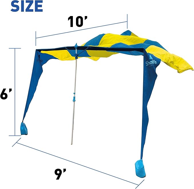 Shark FIN Shade Beach Tent Wind Sun Canopy Portable Easy Set Up UPF 50+ No Assembly Required 3-30 MPH - 1 to 8 People - Tie Downs Included - 2 Sizes Large 9' X 10' &amp Giant 13.5' X 10' PATENTS Pend