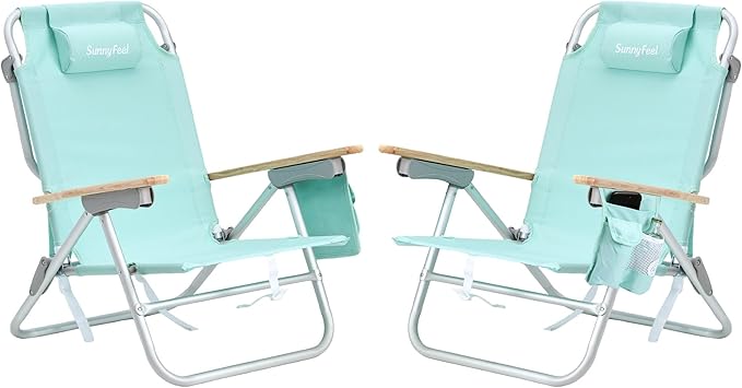 SUNNYFEEL Low Back Folding Beach Chair Aluminum Heavy Duty Beach Chair with 5-Position Portable Camping Chair for Adults with Wood Armrest Lightweight Camping Chair 300lbs Green 2 Pack