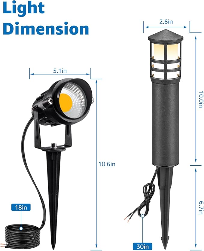 SUNVIE 12-Pack Low Voltage Landscape Lighting Kit LED Bollard Pathway Lights Wired with Spotlights for Garden Path Yard Patio Cast-Aluminum IP65 Waterproof 12-24V AC/DC 3000K Warm White Black