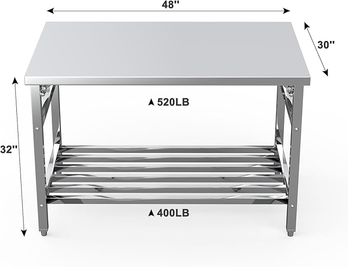 48 x 30 Inch Stainless Steel Prep Table Commercial Worktables &amp Workstations with Adjustable Undershelf Heavy Duty Folding Kitchen Island for Restaurant Kitchen Laundry