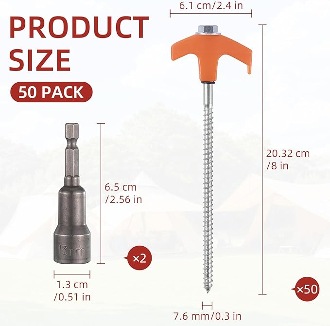 50 Pack 8 Inch Screw in Tent Stakes Heavy Duty Tent Stakes Screw in Ground Camping Stake with Hex Head Driver Metal Pegs Spikes for Camping Garden Yard (Orange)