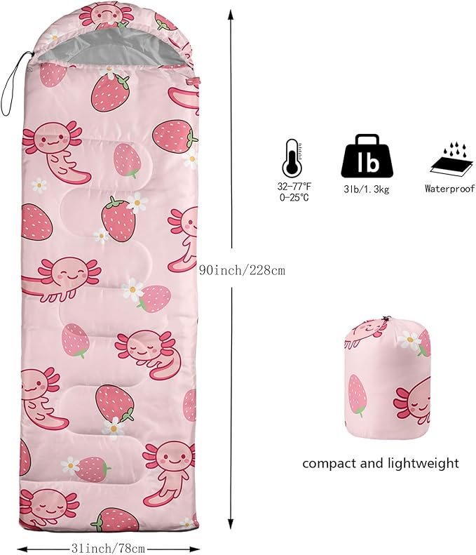QOOMO Axolotl Cute Camping Sleeping Bags3 Season Warm &amp Cool WeatherLightweightWaterproof Sleeping Bags for Adults &amp KidsTravelingand Outdoors