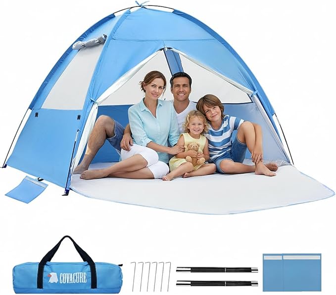 COVACURE 2026 New Upgraded Beach Tent Sun Shelter for 3-4 Person - UPF 50+ UV Protection Beach Shade Waterproof &amp Lightweight Easy Setup Portable Sun Canopy for Camping Fishing Beach(Blue)
