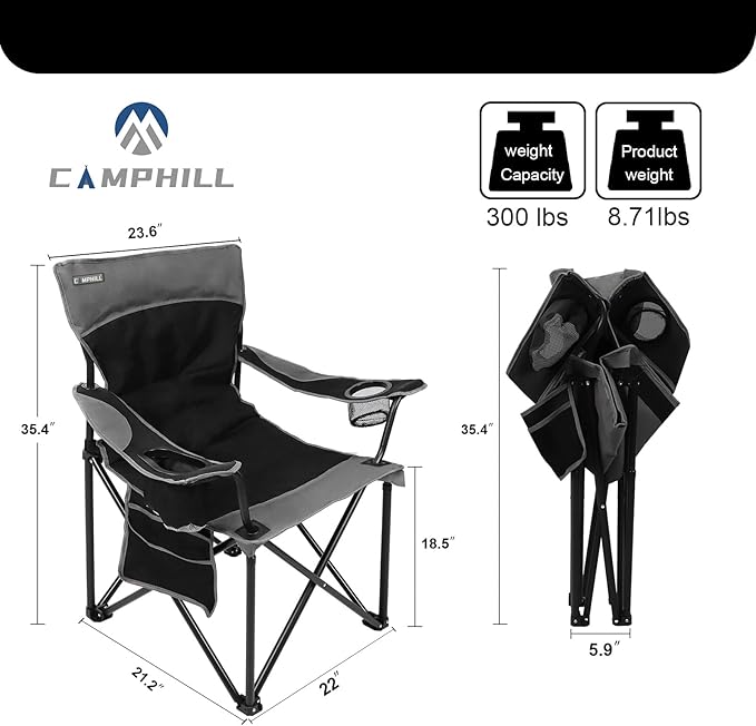CAMPHILL Oversized Portable Camping Chairs Collapsible Outdoor Chairs with Pocket and Cup Holders Carry Bag for CampingTailgatesBeachand Sports