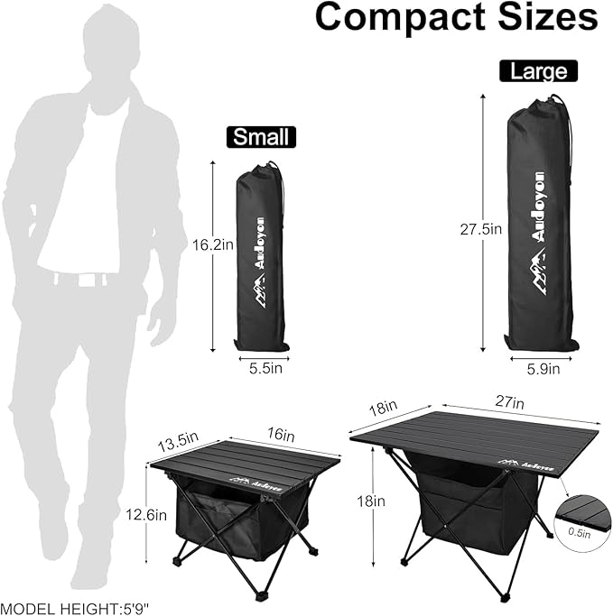 Foldable Camping Side Table Ultralight Small Beach Aluminum Portable Outdoor Table with Carry Bag and Storage for Picnic Grill Hiking Fishing Sand Camping Black