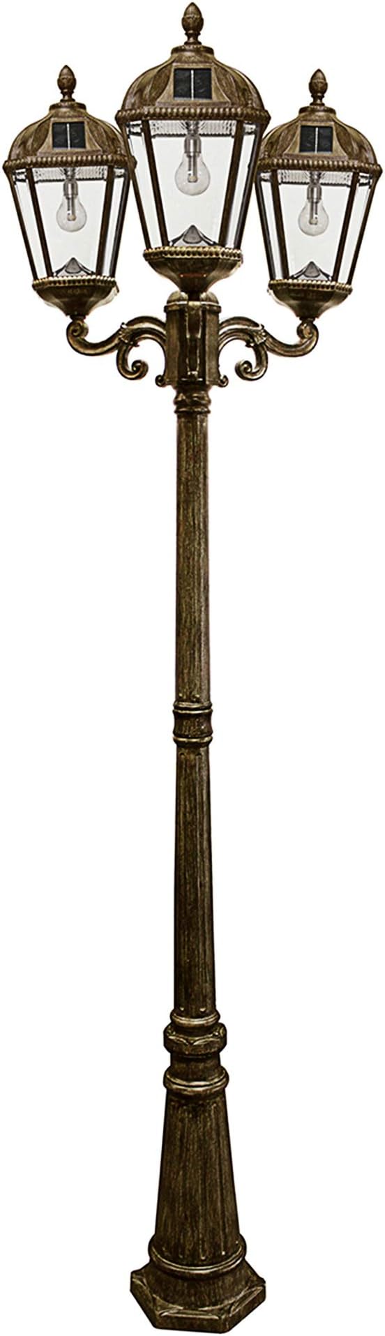 Gama Sonic Royal Bulb Solar Lamp Post Light Kit 89 inch Tall Outdoor Triple Head Weathered Bronze Cast Aluminum Rain Water Glass Light Pole Warm White 2700K 98B303 (Upgraded Panel)