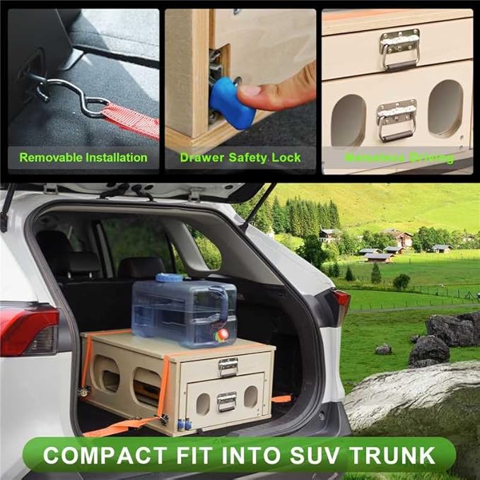 Overland Kitchen Slide-Out System All-in-One Camp Kitchen Box with Sink Chopping and Cooking Right Side Folding Camping Table for SUV Overlanding Car Camping 1-Minute Setup