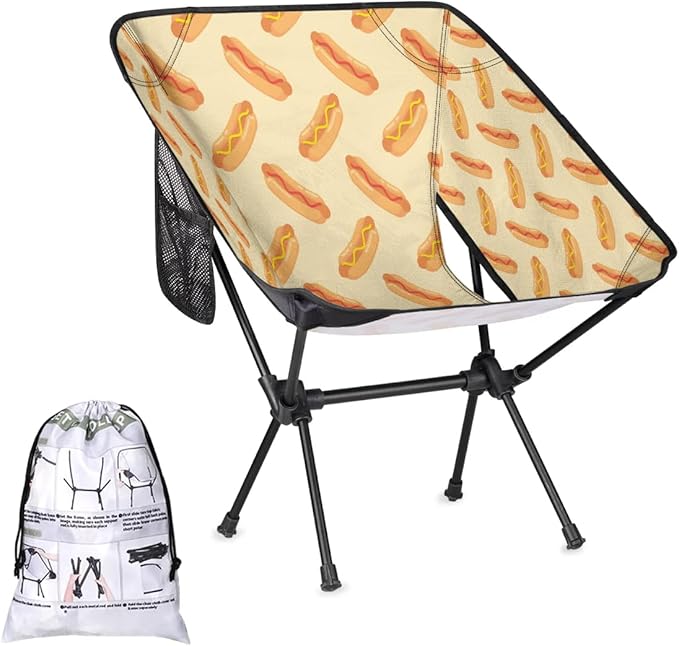 Cheese Hot Dog Camping Chairs for Adults Ultralight Folding Chairs Outside Portable Camp Backpacking Chair with Side Pocket Storage Bag Compact Beach Chairs for Hiking Fishing
