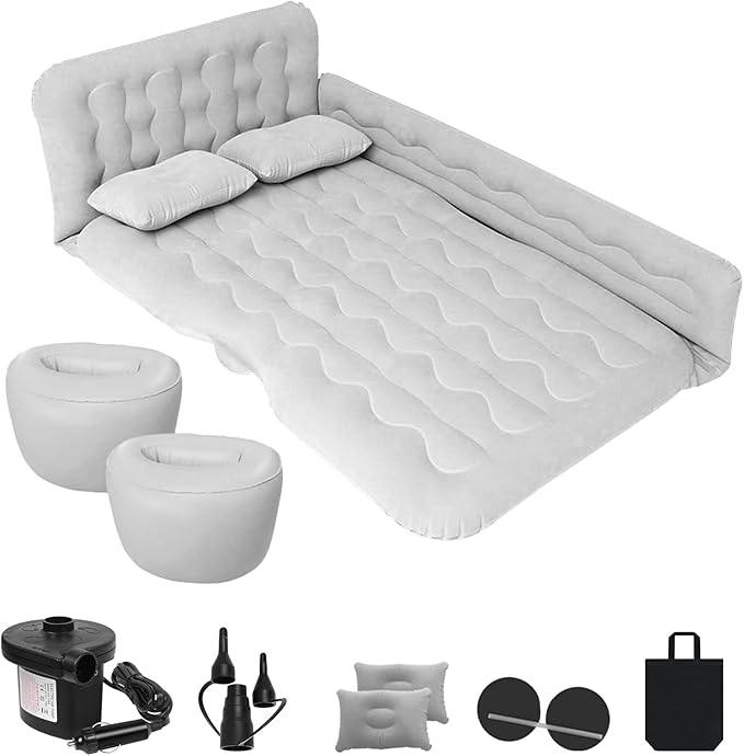 ISWEES Car Bed SUV Air Mattress Car Air Mattress with Electric Pump 2 Inflatable Pillows and 2 Footrests for Back Seat Side SeatTrunk Sleeping Thickened Camping Bed - Grey