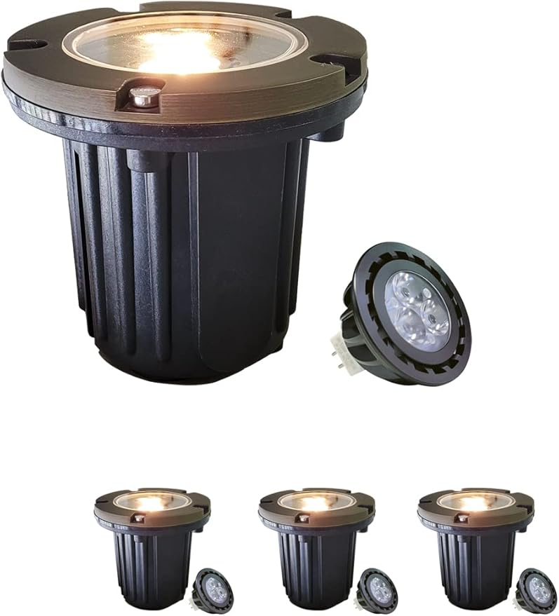MALORY Brass Top Cover Landscape Well Lights (4.6''H) 12V Low Voltage Outdoor In Ground LightsLandscape Lighting for Pathway Driveway and Garden 4-Pack with MR16 Bulb (Flat Top)