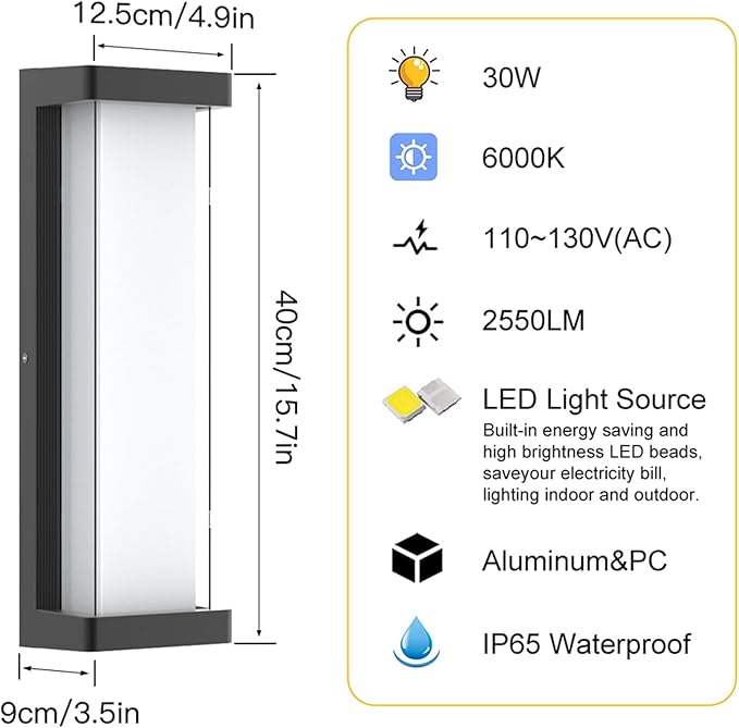 10%-100% Dimming LED Modern Outdoor Wall Light 2 Packs 16in 6000K Dimmable Porch &amp Patio Wall Light FixtureBlack Aluminum&ampDual PC Wall Lights for Garage Living Room Courtyard House(2Packs 60