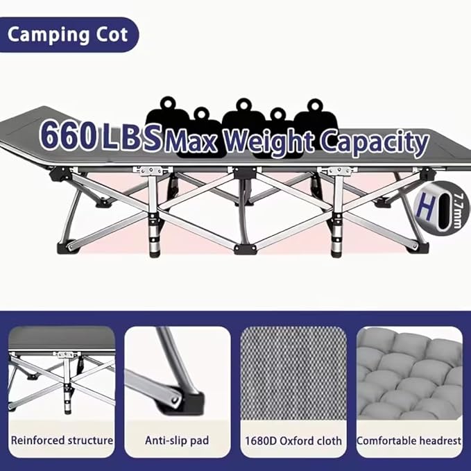 1200D Oxford Canvas Folding Camping Bed Adult Soft Foam Mat and Carrying Bag - Double Deck PortableOutdoor Folding Chair with MattressCamping Equipment (Grey-660(with Disposable Sheet))