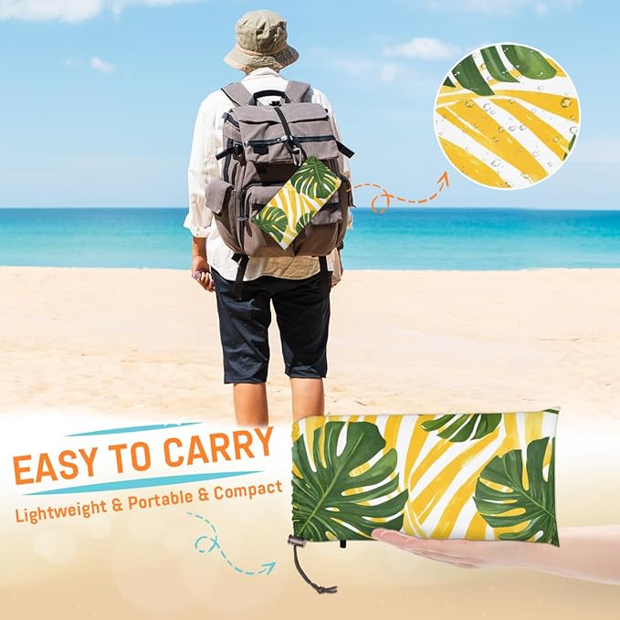Waterproof Sandproof Beach Blanket 59''×68'' Watercolor Tropical Leaves Polyester Outdoor Picnic Blanket with 4 Stakes &amp Storage Bag for BeachCampingVacation