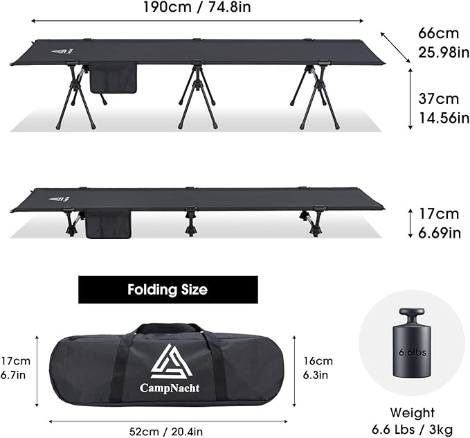 CAMPNACHT Ultralight Camping Cot with Leg Extenders Aluminum Lightweight Folding Cot for Adults Portable Backpacking Compact Tent Cot for Outdoor Hiking 1 Pack with 2 Use Modes Black